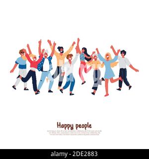 Happy people with joyful gesturing, smiling adults, excited young boys, girls jumping, music festival visitors dancing banner. Positive life attitude Stock Vector