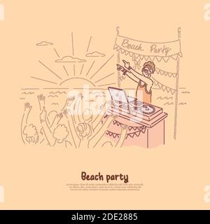People dancing on shore of sea, ocean, dj making live music at turntable, fun summertime activities for young adults banner. Beach party cartoon conce Stock Vector