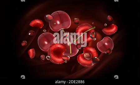 Cherries, pomegranate grains and chocolate droplets on a brown background. Stock Vector