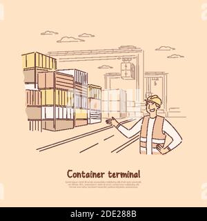 Dock worker at work, male engineer monitoring metal containers shipment, merchandise, goods import, export banner. Seaport terminal, warehouse concept Stock Vector