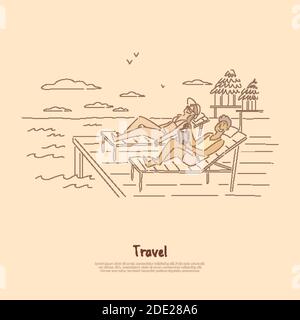 Seaside recreation, couple, friends sunbathing in deck-chairs, suntanned man reading book on sea resort banner. Summertime relax, honeymoon pastime co Stock Vector