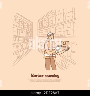 Warehouse worker scanning goods, female merchandiser holding digital barcode scanner, registering products banner. Storehouse orders inventory concept Stock Vector