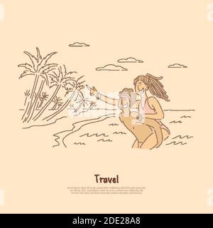 Man carrying woman on his back near sea, couple having fun on beach of tropical island, summertime activities banner. Honeymoon travel cartoon concept Stock Vector