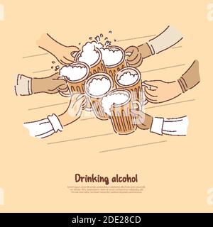 Drinking alcohol, beer with foam, ale glasses clinking, meeting, relax with friends in bar banner. Oktoberfest event, traditional German beverage conc Stock Vector