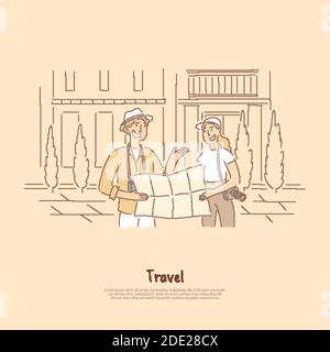 Tourists with map looking for destination, friends, married couple, travelers searching location banner. Holiday makers with camera go sightseeing con Stock Vector