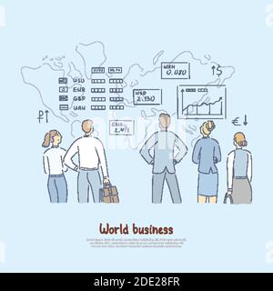 Global economy analytics, finance experts analysing word business rates, foreign currency stability banner. Bankers, analysts study market trends conc Stock Vector