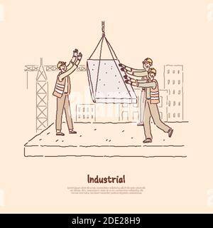 Builders at construction site, workers in uniform building multi storey house, foreman gives directions for crane operator banner. New residential are Stock Vector