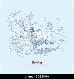 Diving fans studying underwater world, scuba divers in wetsuits with aqualungs swimming in sea banner. Oceanologists, scientists examine ecosystem con Stock Vector