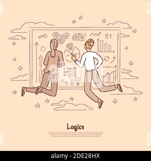 Logical assumptions, women, female experts, analysts preparing statistical report, presentation banner. Analyzing tendencies, trends, summarizing conc Stock Vector