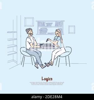 Friends playing chess, married couple enjoy board game, girl putting figure on chessboard banner. Training concentration, logic, strategic thinking co Stock Vector