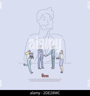 Boss watching employees efficiency, angry, dissatisfied chief, top manager looking at secretaries, office workers banner. Workplace supervision concep Stock Vector