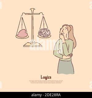 Brain vs heart on scales, logical thinking versus emotional reaction metaphor banner. Confused woman choosing between rational and emotional decision Stock Vector