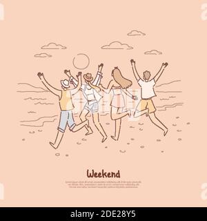 People running into sunset together, group of friends having fun at beach, spending quality time on vacation banner. Weekend, summertime activity cart Stock Vector