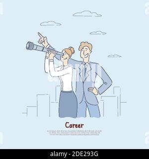 Businessman pointing at sky, businesswoman looking into telescope, planning for future metaphor, job opportunities banner. Career development cartoon Stock Vector