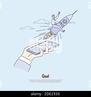 Startup launch, reaching project development, businessman flying on top of rocket, person achieving success banner. Future goals, achievements cartoon Stock Vector