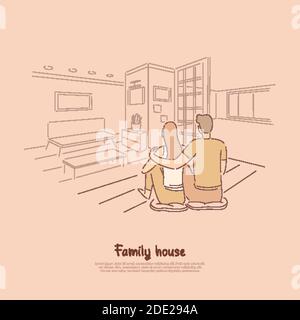 Couple sitting in apartment together, man hugging woman on floor of living room, cute pastime for lovers banner. Family dream house cartoon concept sk Stock Vector