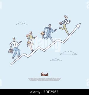 People running up progress arrow, journey towards achieving success, teamwork in workplace, self-improvement metaphor banner. Goals, career ladder car Stock Vector