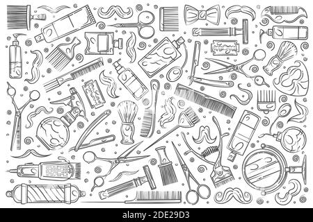 Hand drawn hairdresser tools. Hair styling related equipment doodle set background Stock Vector