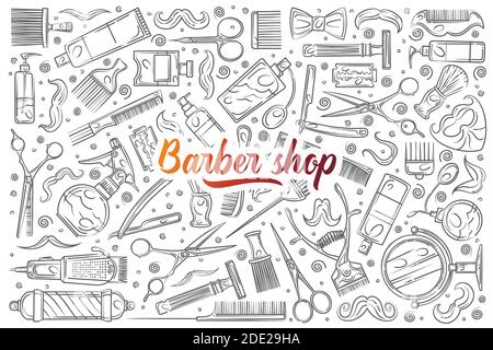 Hand drawn hairdresser tools. Hair styling related equipment doodle set background Stock Vector