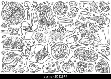 Hand drawn restaurant food, or cafe menu. Pizza, sushi, cup of coffee, fries, burger etc doodle set background Stock Vector