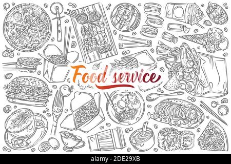 Hand drawn restaurant food, or cafe menu. Pizza, sushi, cup of coffee, fries, burger etc doodle set background Stock Vector