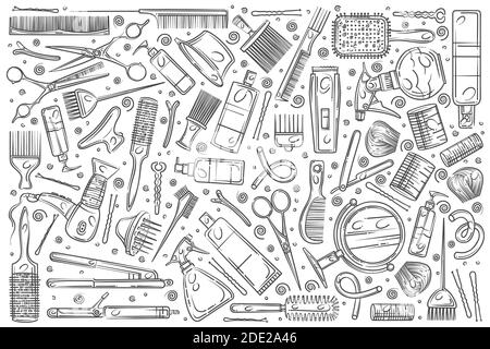 Hand drawn hair salon tools. Equipment for professional hairdresser doodle set background Stock Vector