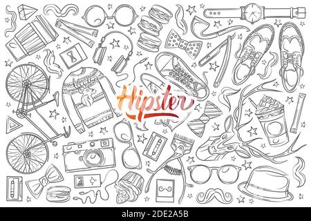 Hand drawn hipster elements and clothes. Pullover, spectacles, hat, camera, bike etc doodle set background Stock Vector