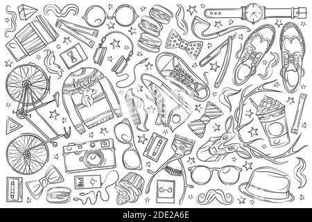 Hand drawn hipster elements and clothes. Pullover, spectacles, hat, camera, bike etc doodle set background Stock Vector