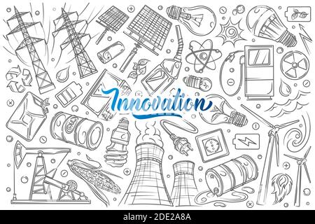 Hand drawn modern technologies and innovations. Concept of renewable energy, electricity, gas station, nuclear power doodle set background Stock Vector