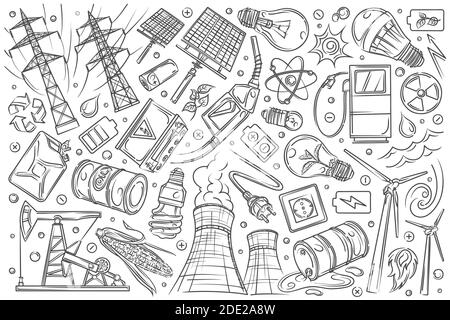 Hand drawn modern technologies and innovations. Concept of renewable energy, electricity, gas station, nuclear power doodle set background Stock Vector