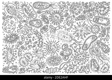 Hand drawn different bacteria and viruses. Stock Vector