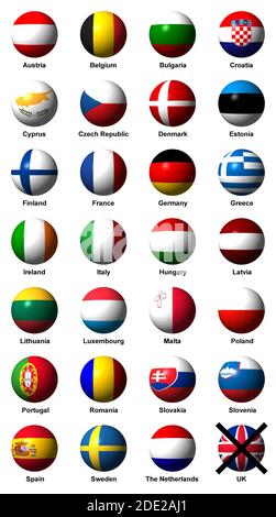 Collage of flags of the 27 EU countries with labels and with UK flag cancelled after Brexit Stock Photo