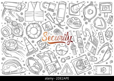 Hand drawn security-related equipment. Protection technologies fingerprint, electronic key, spy, password, alarm and more doodle set background Stock Vector