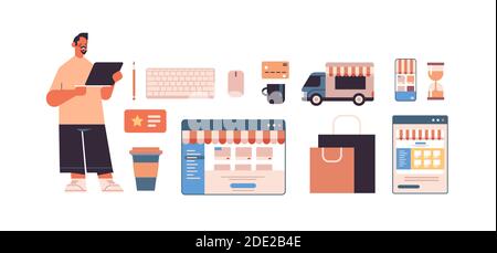 man using laptop online shopping web application internet business icons set e-commerce digital marketing concept horizontal full length vector illustration Stock Vector