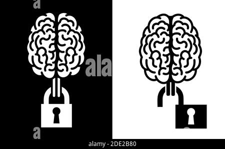 Intellectual property / Open and free sharing of ideas - brain and locked / unlocked lock. Protected or openly available products of intellect. Vector Stock Photo