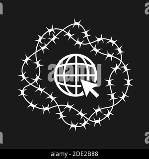 Cursor and earth is surrounded by barber wire - metaphor of restriction and regulation of internet. Web, networking site and cyberspace are controlled Stock Photo