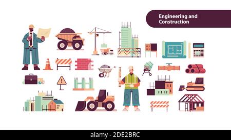 set engineering tools icons with mix race architect and engineer in helmets working on construction site full length isolated horizontal copy space vector illustration Stock Vector