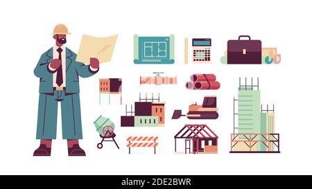 set engineering tools icons and african american architect in helmet holding blueprints construction of buildings concept full length isolated horizontal vector illustration Stock Vector