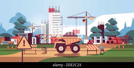 home construction building engineering concept cranes and trucks working on construction site horizontal vector illustration Stock Vector