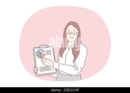Marketing, presentation, data statistics market report. Young smiling woman office worker or marketing specialist standing and making presentation wit Stock Vector
