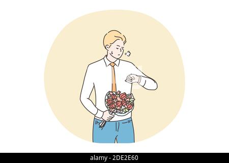 Romance, dating, delay concept. Unhappy man boyfriend with flower bouquet waiting and checking time. Anxiety on getting late girlfriend on date or fai Stock Vector