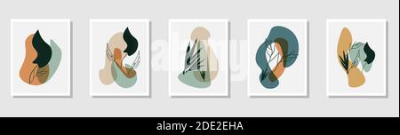 Set of botanical wall art vectors. Drawing of foliage line art with abstract shapes. Vector illustration. Stock Vector