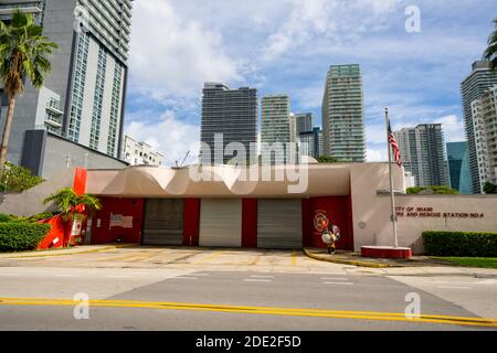 MIAMI, FL, USA - NOVEMBER 27, 2020: Photo City of Miami Fire Rescue Station number 4 Brickell city view Stock Photo