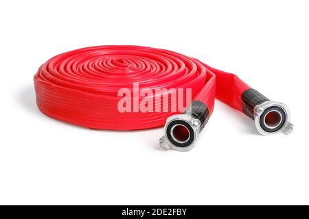 Red firefighter hose isolated on the white background. Stock Photo