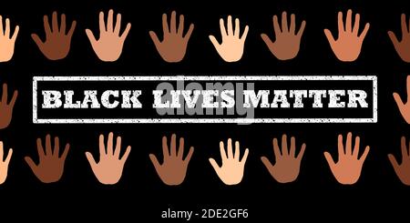 different hands color black lives matter banner on black background Stock Photo