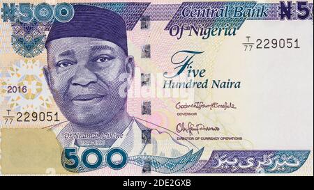 Nnamdi Azikiwe portrait on Nigeria 500 naira (2016) banknote closeup macro, Nigerian money close up. Stock Photo