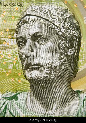 Hannibal (247 – 181 BC) portrait on Tunisia 5 dinars (2013) banknote closeup, Carthaginian general, one of the greatest military strategists in histor Stock Photo