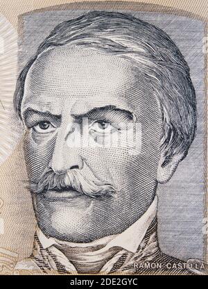 Ramon Castilla portrait on Peru 100 intis (1987) banknote closeup, Peruvian caudillo and president. Stock Photo