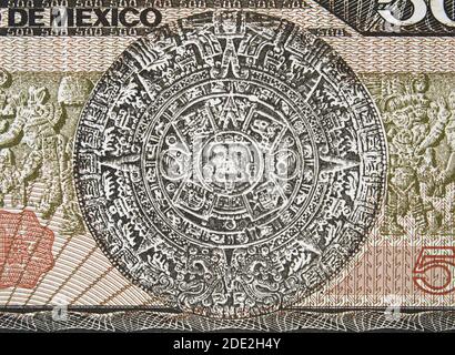 Aztec Calendar Sun Stone (Piedra del Sol) and Mayan bas-relief on Mexico 500 peso (1983) banknote, Mexican money closeup macro Stock Photo