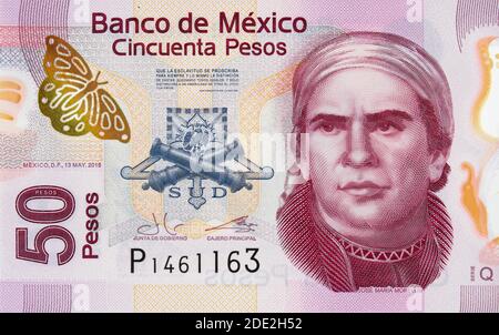 Jose Maria Morelos y Pavon portrait on Mexico 50 pesos (2015) banknote closeup macro, Mexican money close up Stock Photo